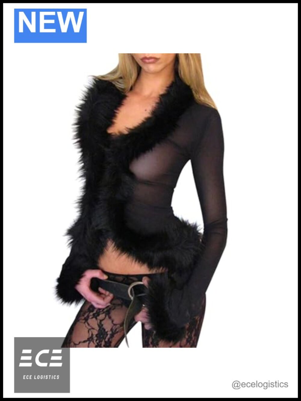 Women's Sheer Mesh Faux Fur Trim Long Sleeve V Neck Crop Top Y2K Party Clubwear